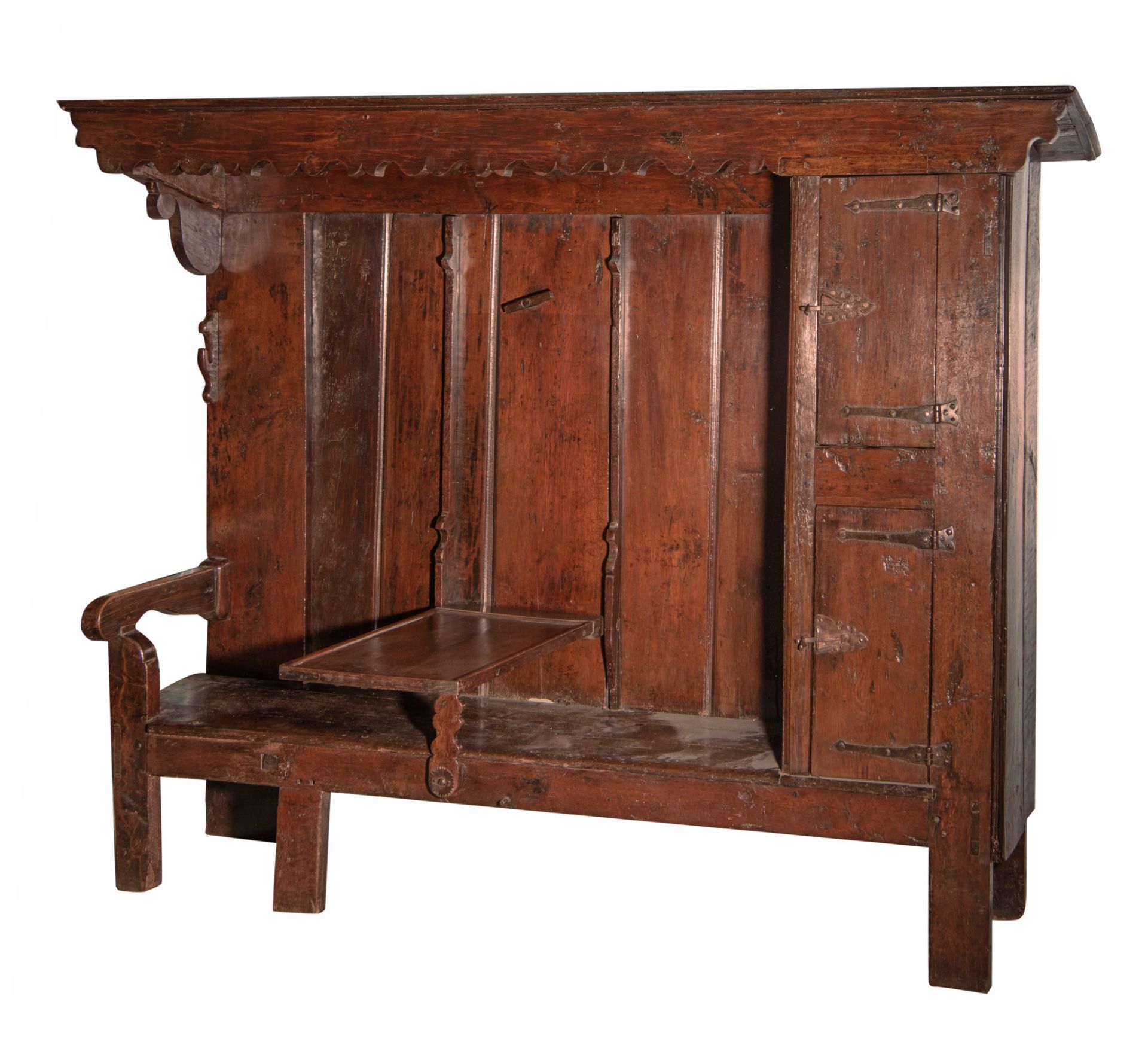 A curious English Elizabethan style oak bench cupboard, with wrought iron fittings, H 180 - W 248 -