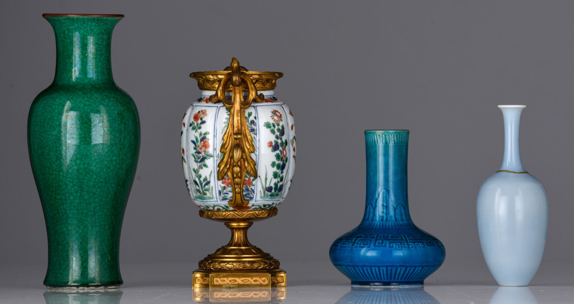 Three Chinese monochrome glazed vases and a famille verte jarlet, one with a Kangxi mark, tallest H - Image 3 of 8