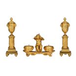 (BIDDING ONLY ON CARLOBONTE.BE) A Neoclassical gilt bronze ink well decorated with Cupid, and a pair