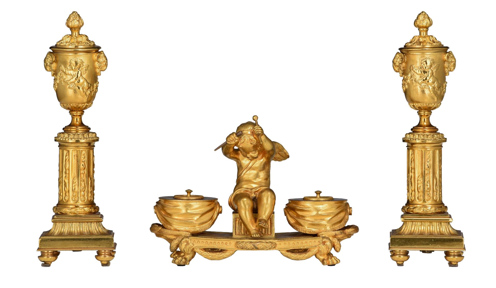 (BIDDING ONLY ON CARLOBONTE.BE) A Neoclassical gilt bronze ink well decorated with Cupid, and a pair