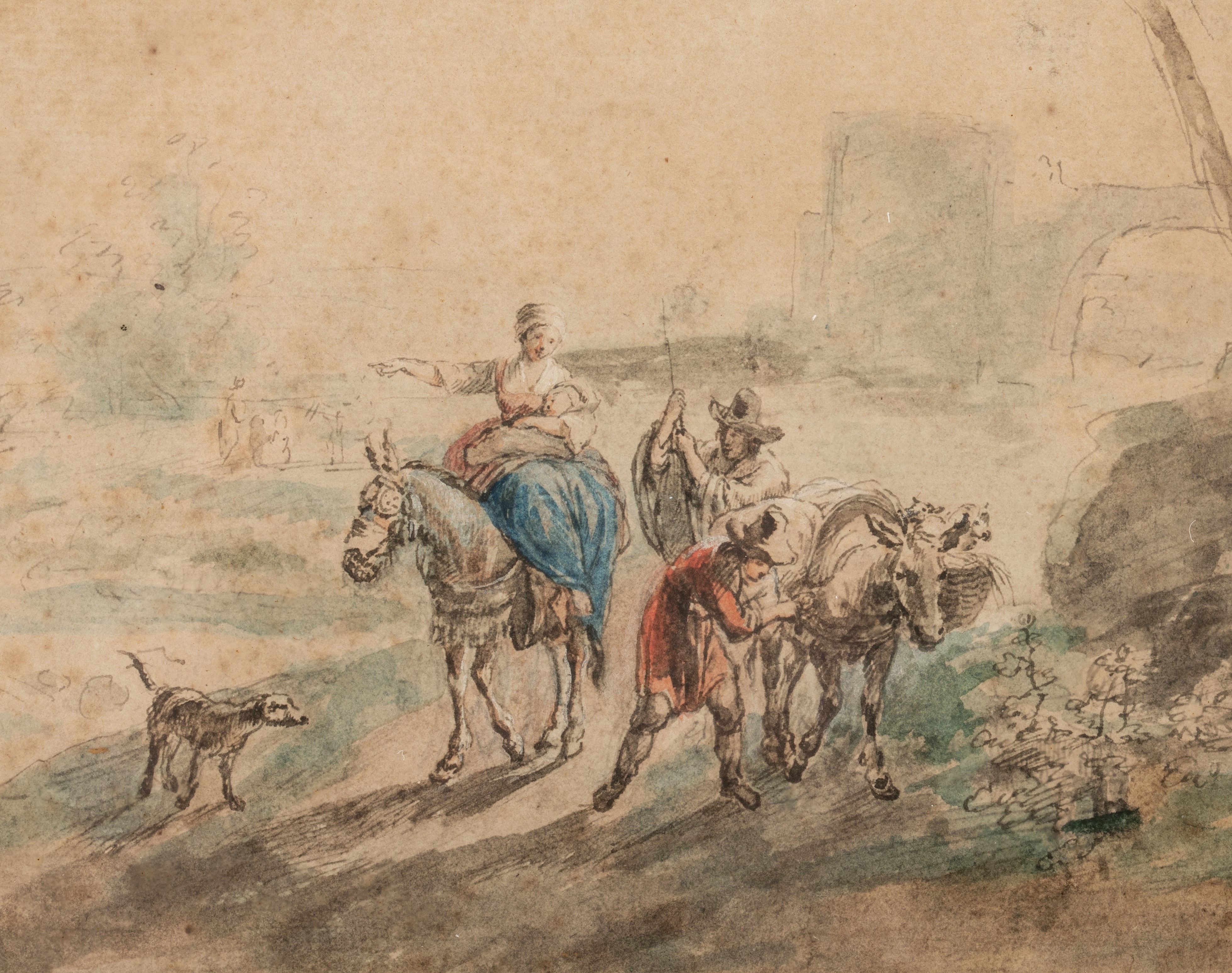 Travellers in a landscape, ink and watercolour on laid paper, 18thC French School, 27,5 x 21 cm - Image 4 of 4