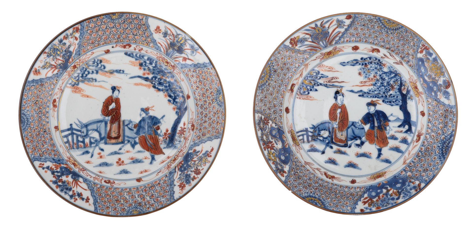 (BIDDING ONLY ON CARLOBONTE.BE) A collection of fine Chinese Imari figural export porcelain plates, - Image 8 of 10