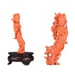Two Chinese carved coral miniature figures, one fixed on a wooden base, Total weight of 136 g