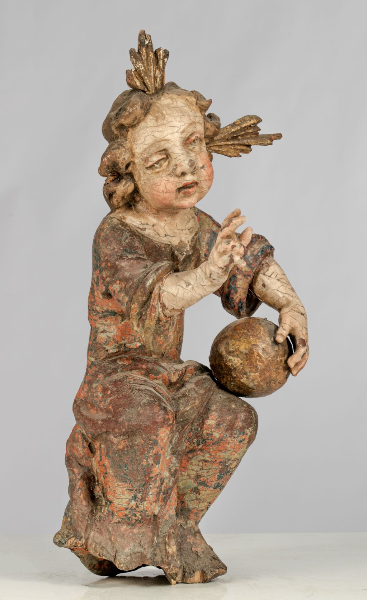 A polychrome painted sculpture of the Salvator Mundi, 17thC, H 40,5 cm - Image 2 of 11