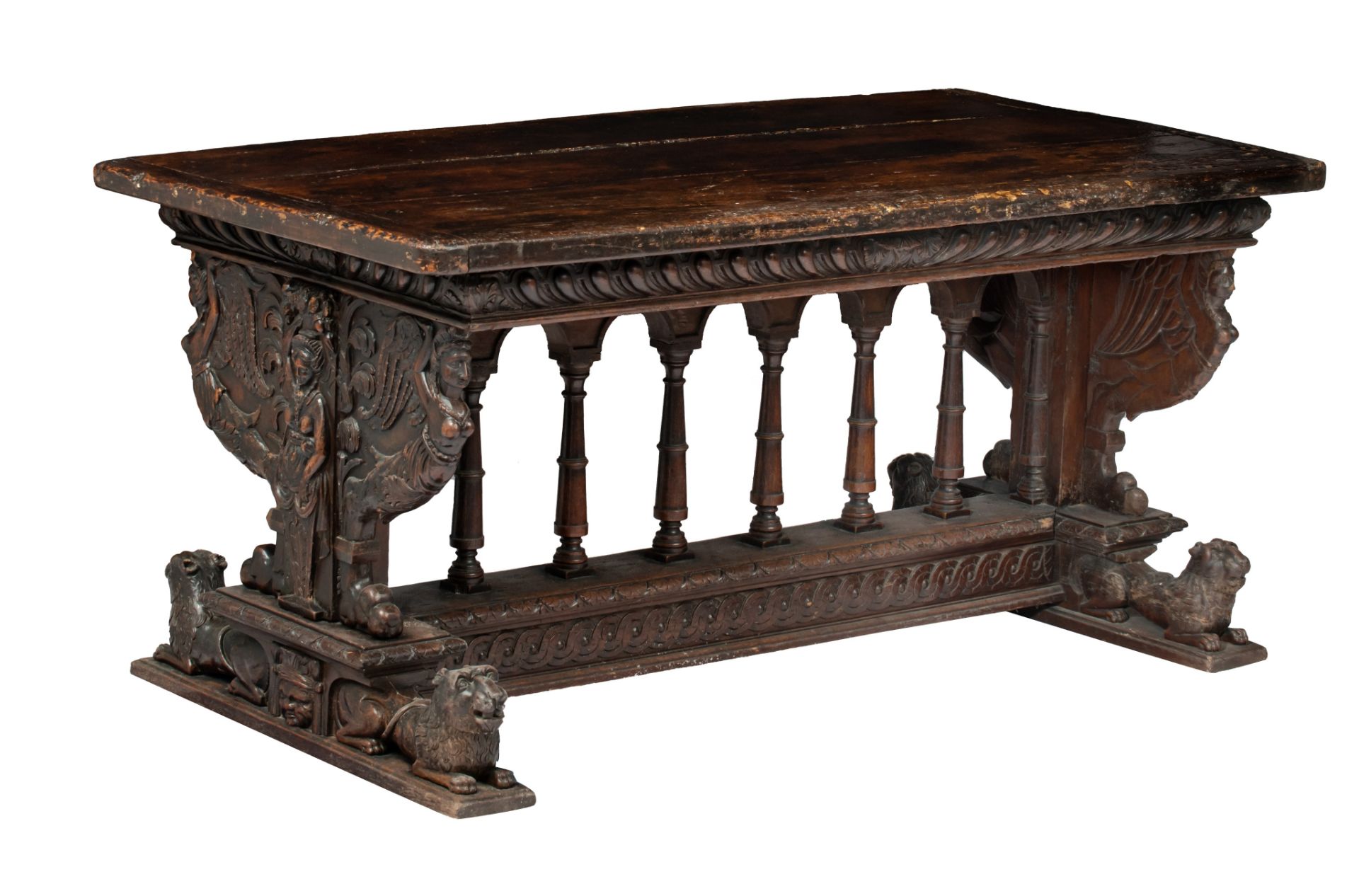 An exceptional Italian Renaissance carved walnut centre table, 16th/17thC, H 82 - W 165 - D 86,5 cm