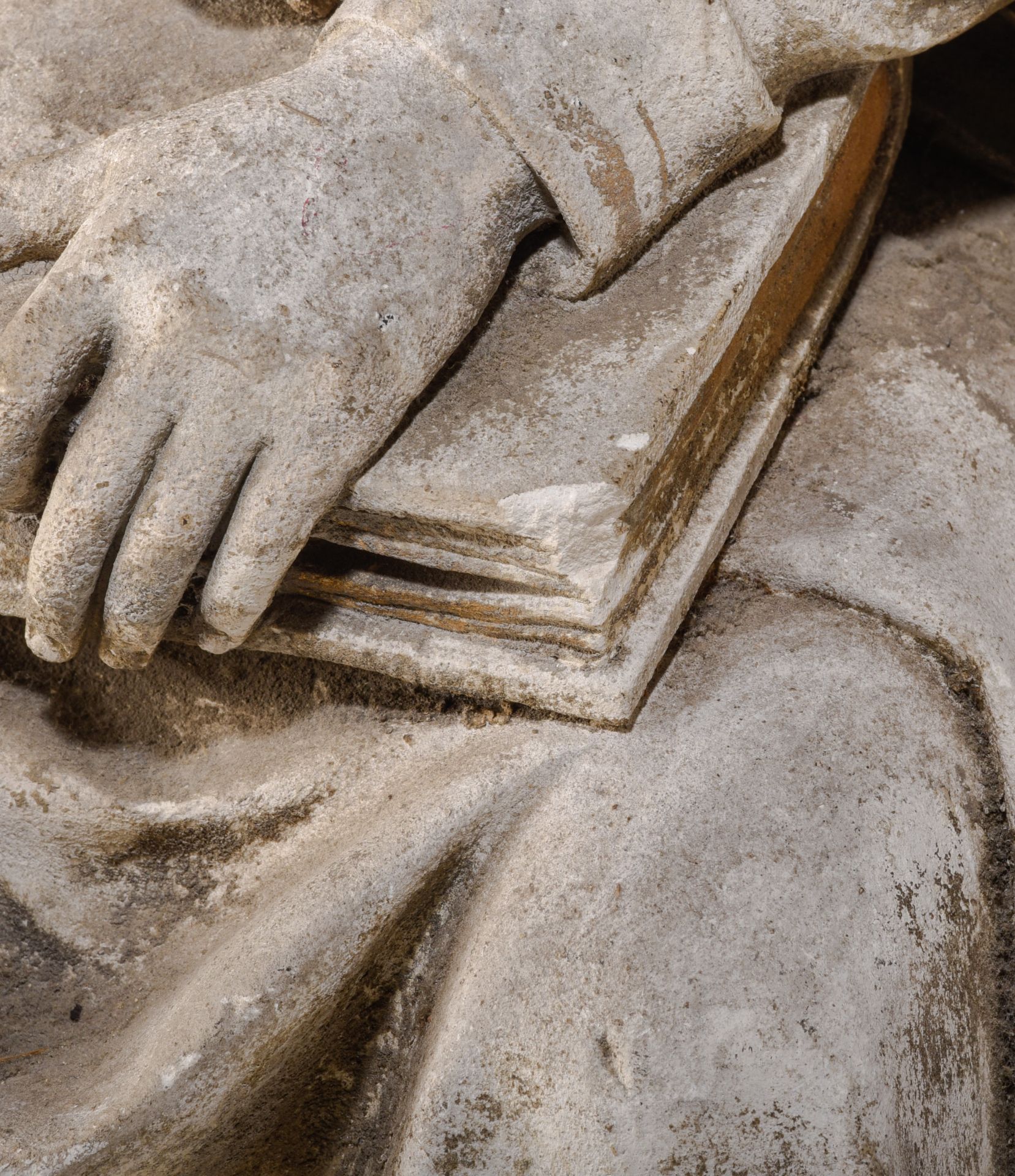 A pair of patinated reconstituted stone sculptures of seated Evangelist, in the style of the 15thC, - Image 9 of 12