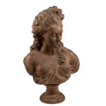 A painted terracotta bust of Mademoiselle Luzy, after Jean-Jacques Caffieri, 19thC, H 52,5 cm