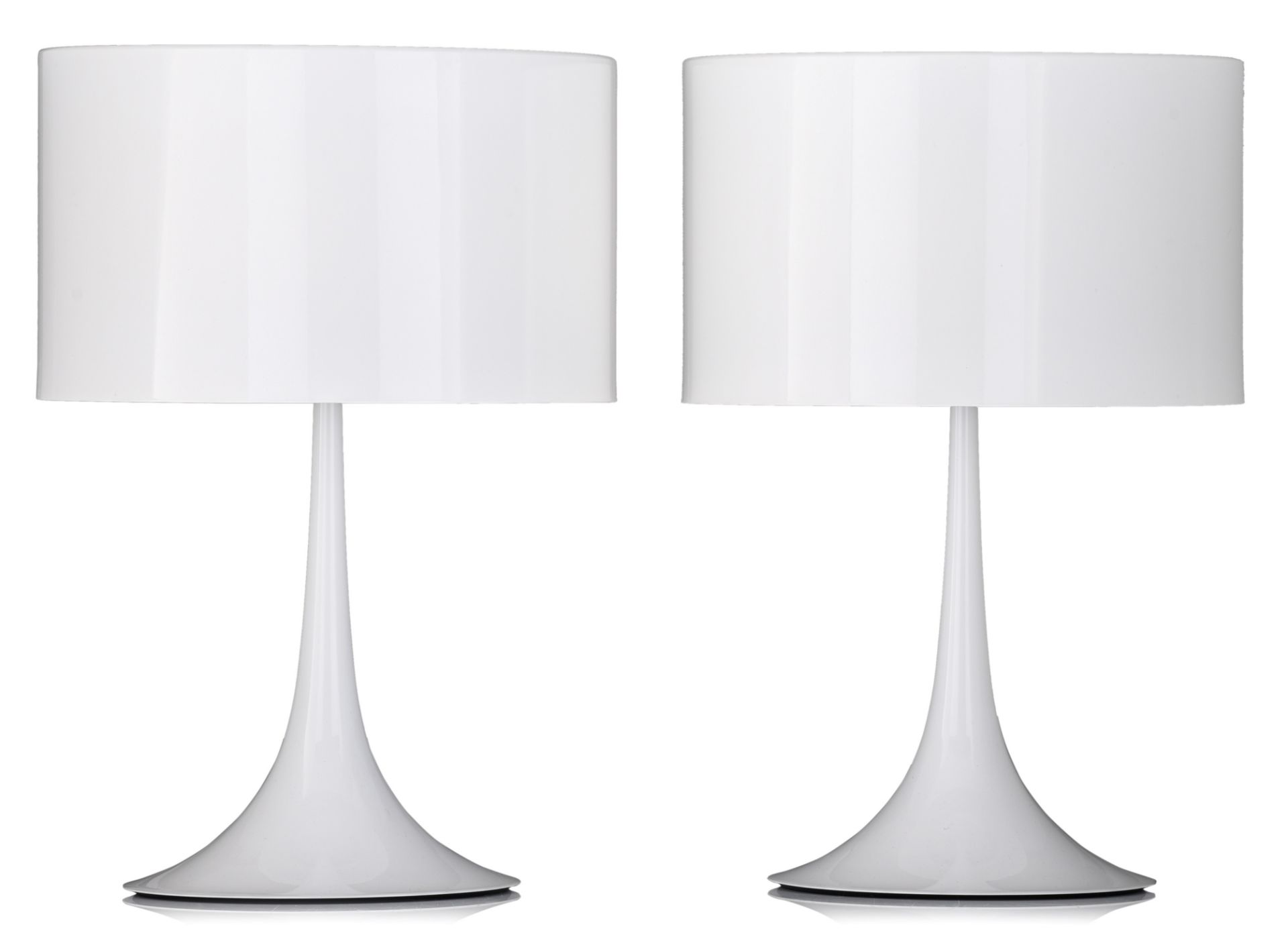 A pair of 'Spun T1' white table lamps, design by Sebastian Wrong for Flos, Italy, H 57 cm