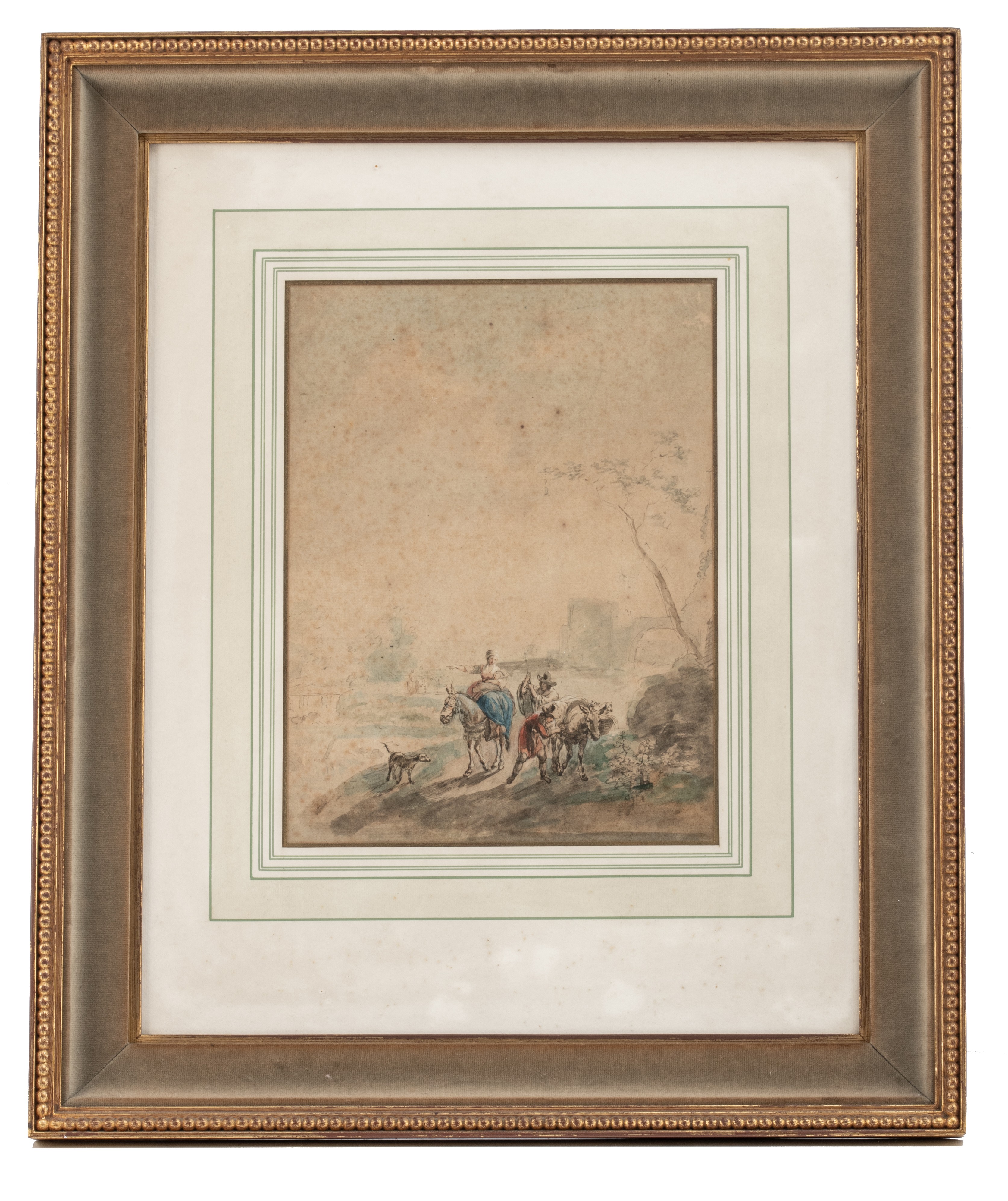 Travellers in a landscape, ink and watercolour on laid paper, 18thC French School, 27,5 x 21 cm - Image 2 of 4