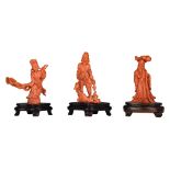 A collection of three Chinese coral figures, late Qing, Total Coral Weight 455 g (excl. stand)