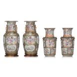Two pairs of Chinese Canton famille rose vases, 19thC, H 38 - 47 cm