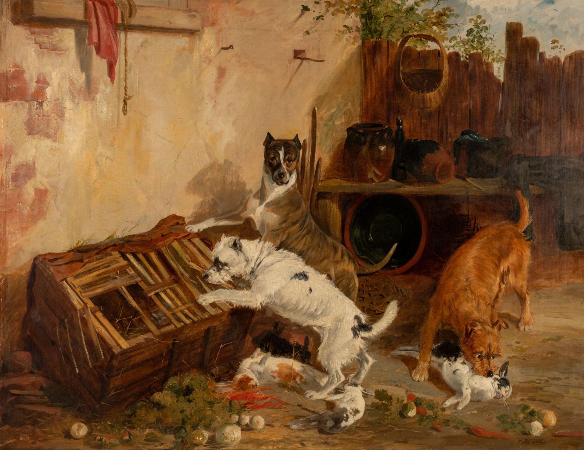 Richard Ansdell (1815-1885), dogs looting the rabbit hutch, 1837, oil on canvas, 80 x 108 cm