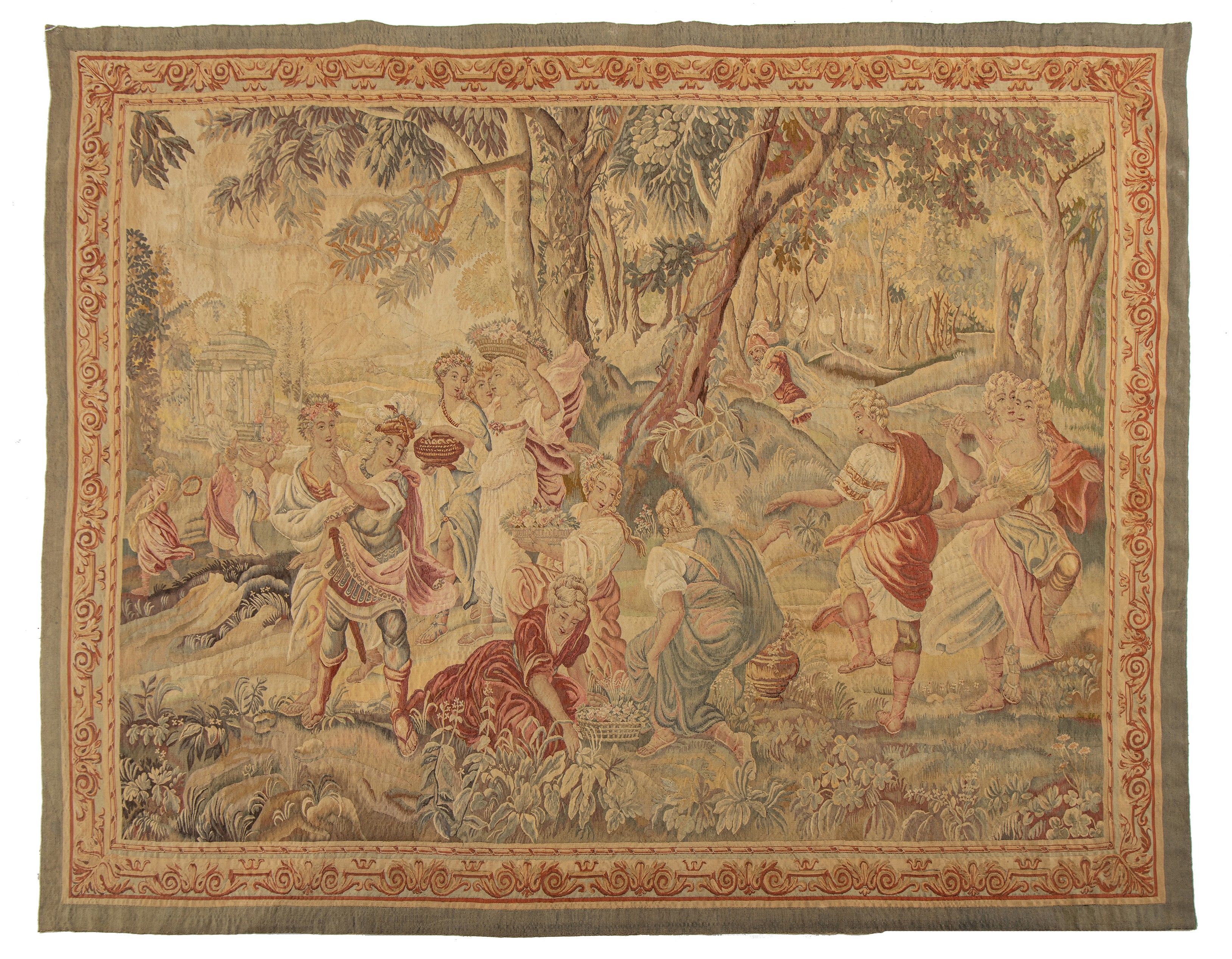 A 19thC Aubusson tapestry, depicting a flower harvest, 185 x 230 cm