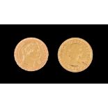 Two golden coins of Napoleon III (1862) and Elizabeth II (1958), total weight: ca. 14 g