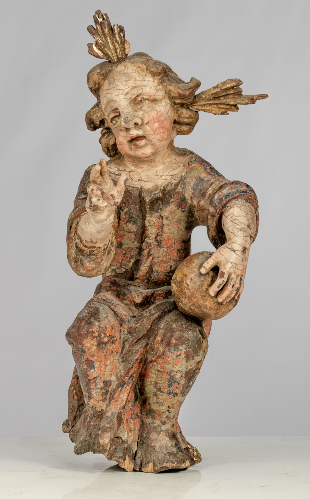 A polychrome painted sculpture of the Salvator Mundi, 17thC, H 40,5 cm - Image 3 of 11