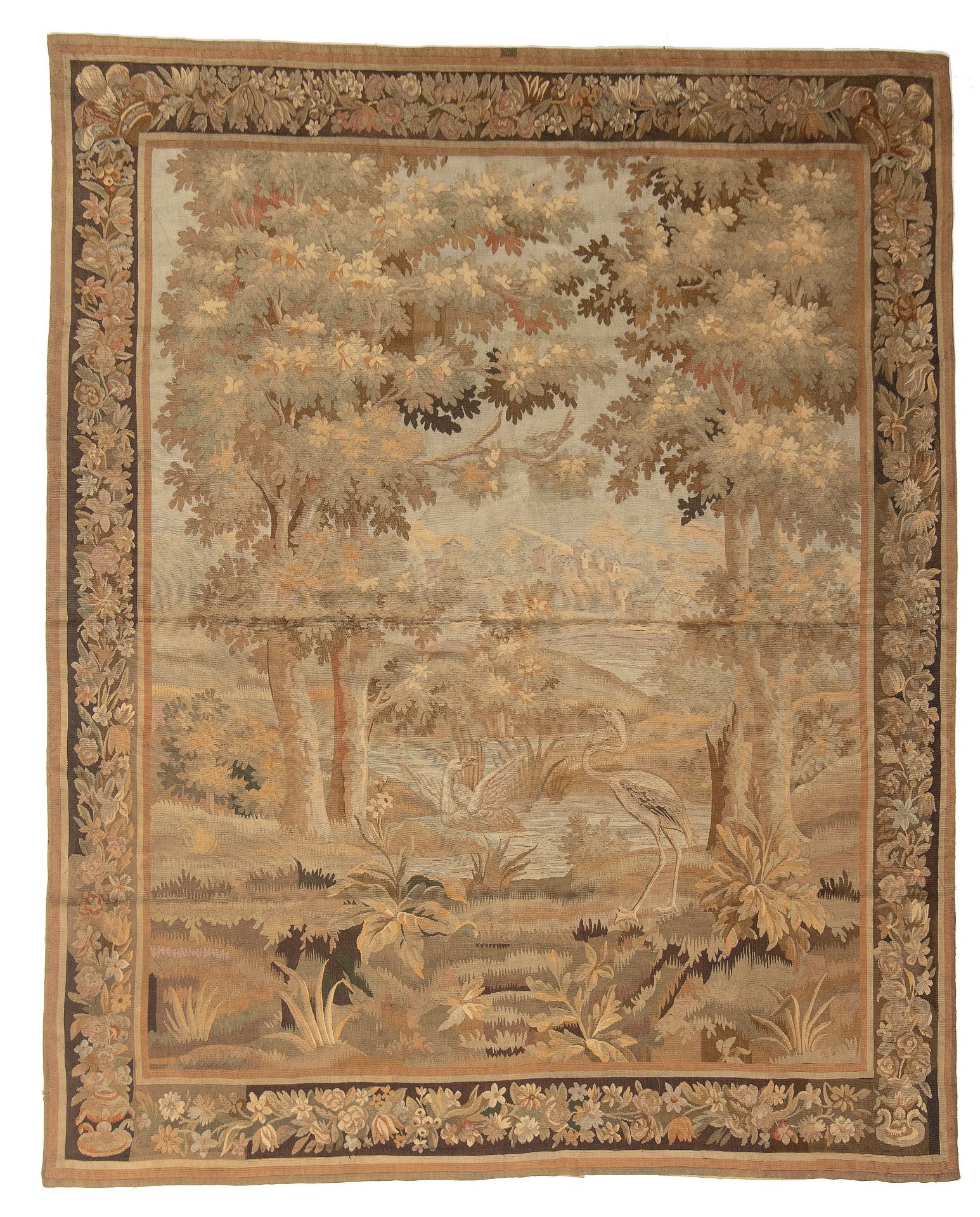 A 19thC wall tapestry depicting a heron and a duck in a landscape, 269 x 329 cm