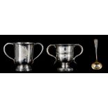 A George II silver double handled christening cup, with matching spoon, and a ditto silver-plated cu