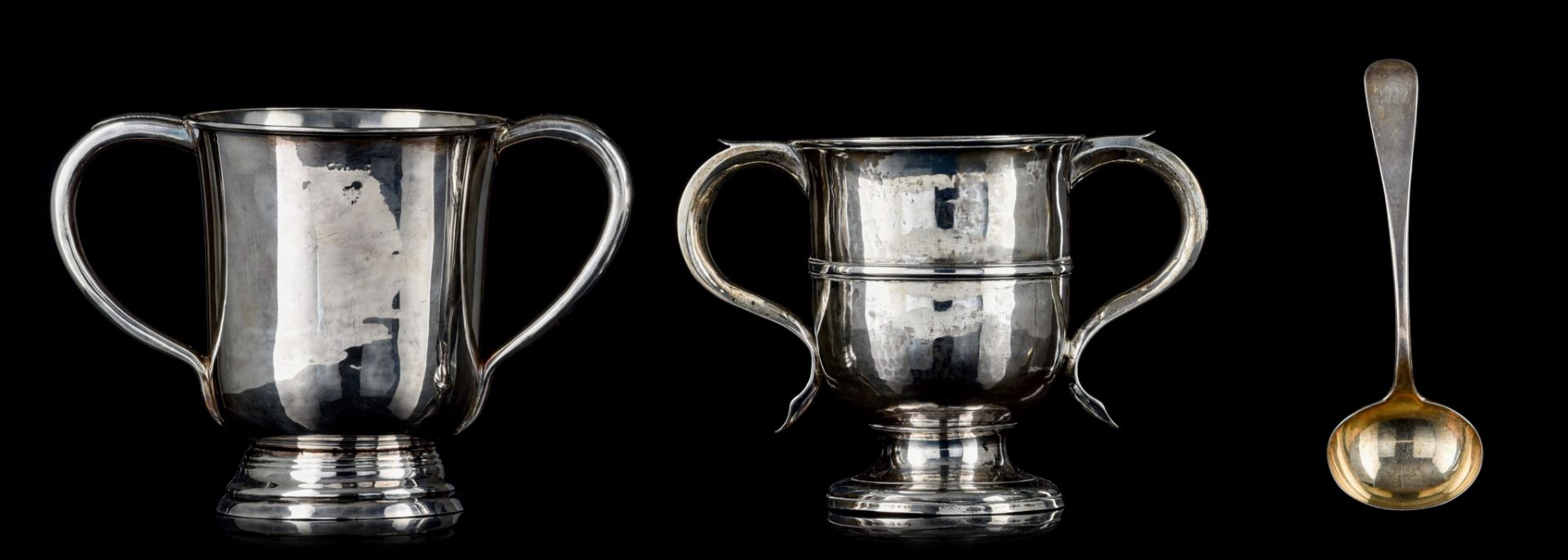 A George II silver double handled christening cup, with matching spoon, and a ditto silver-plated cu