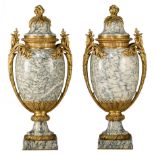 (BIDDING ONLY ON CARLOBONTE.BE) A fine pair of Neoclassical marble and gilt bronze cassolettes, H 50