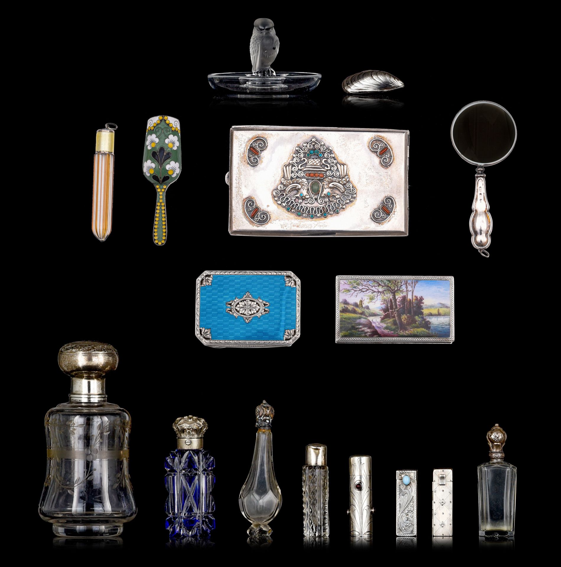 A collection of various silver and glass 'objets de vertu'