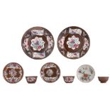 A collection of Chinese famille rose Batavian ware dishes, teacups and saucers, Qianlong period, lar
