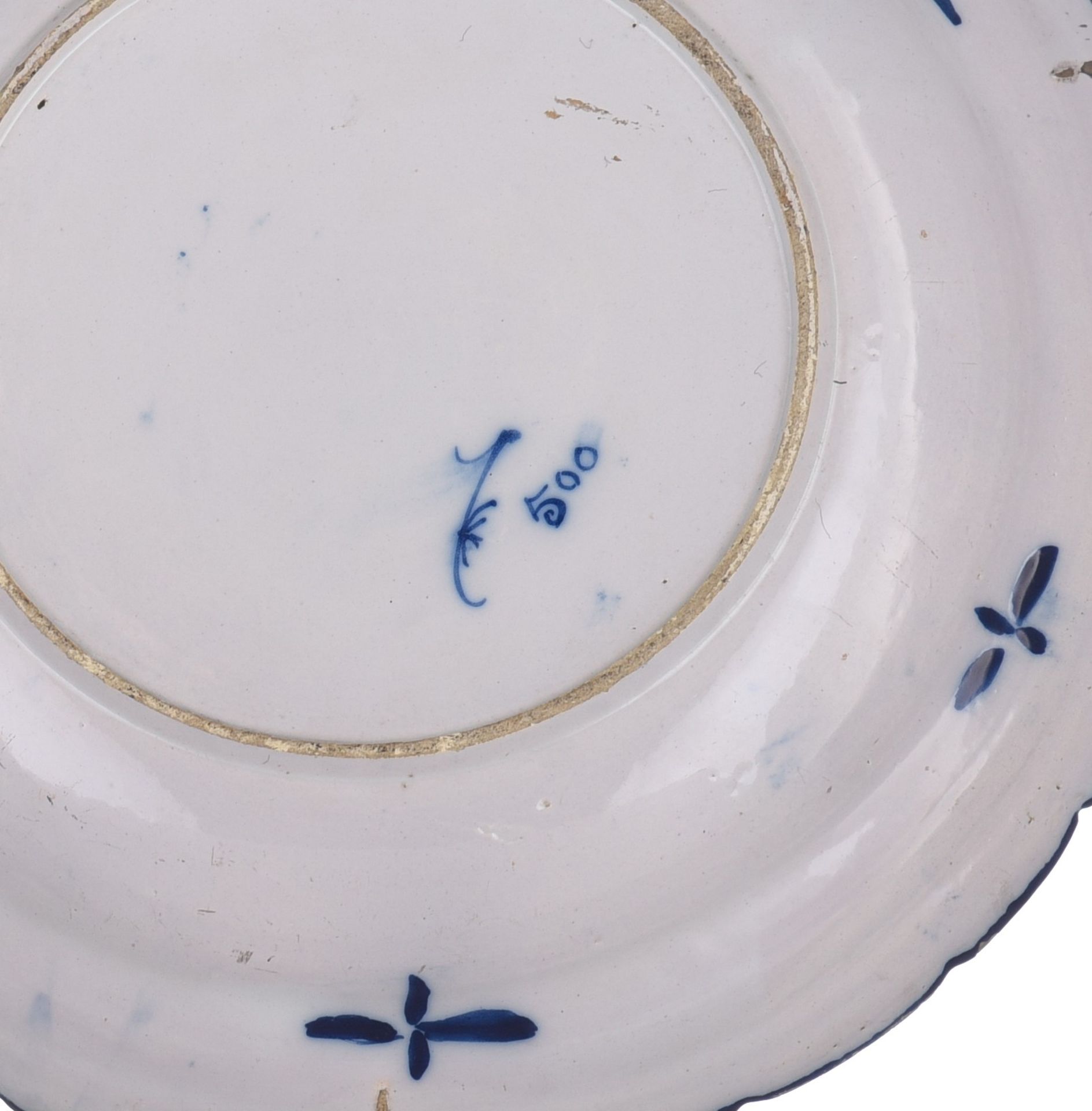 A collection of six Delft blue and white flower basket chargers, marked 'De Klauw', 18thC, ¯ 35 cm - Image 10 of 10