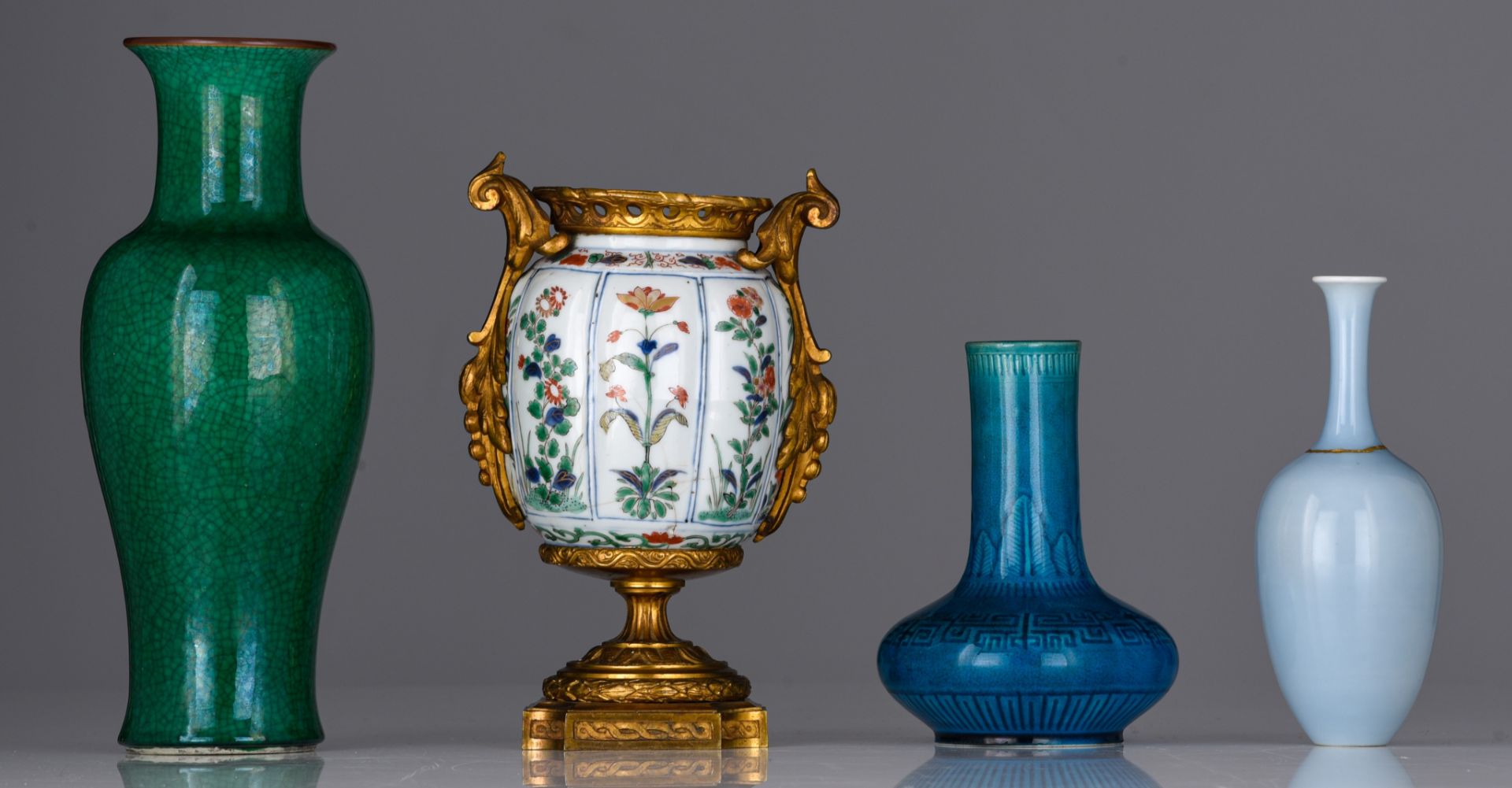 Three Chinese monochrome glazed vases and a famille verte jarlet, one with a Kangxi mark, tallest H - Image 2 of 8