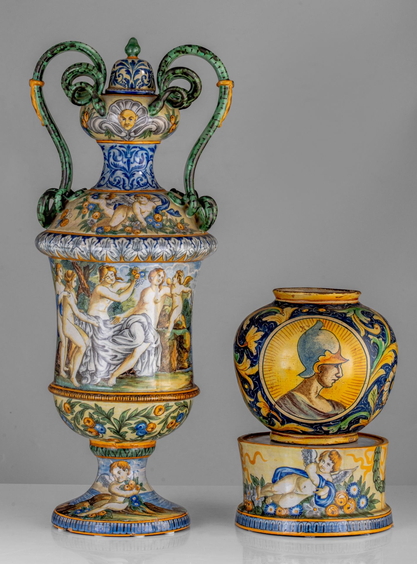 (BIDDING ONLY ON CARLOBONTE.BE) A large majolica type vase on stand, and a matching smaller vase, H - Image 2 of 13