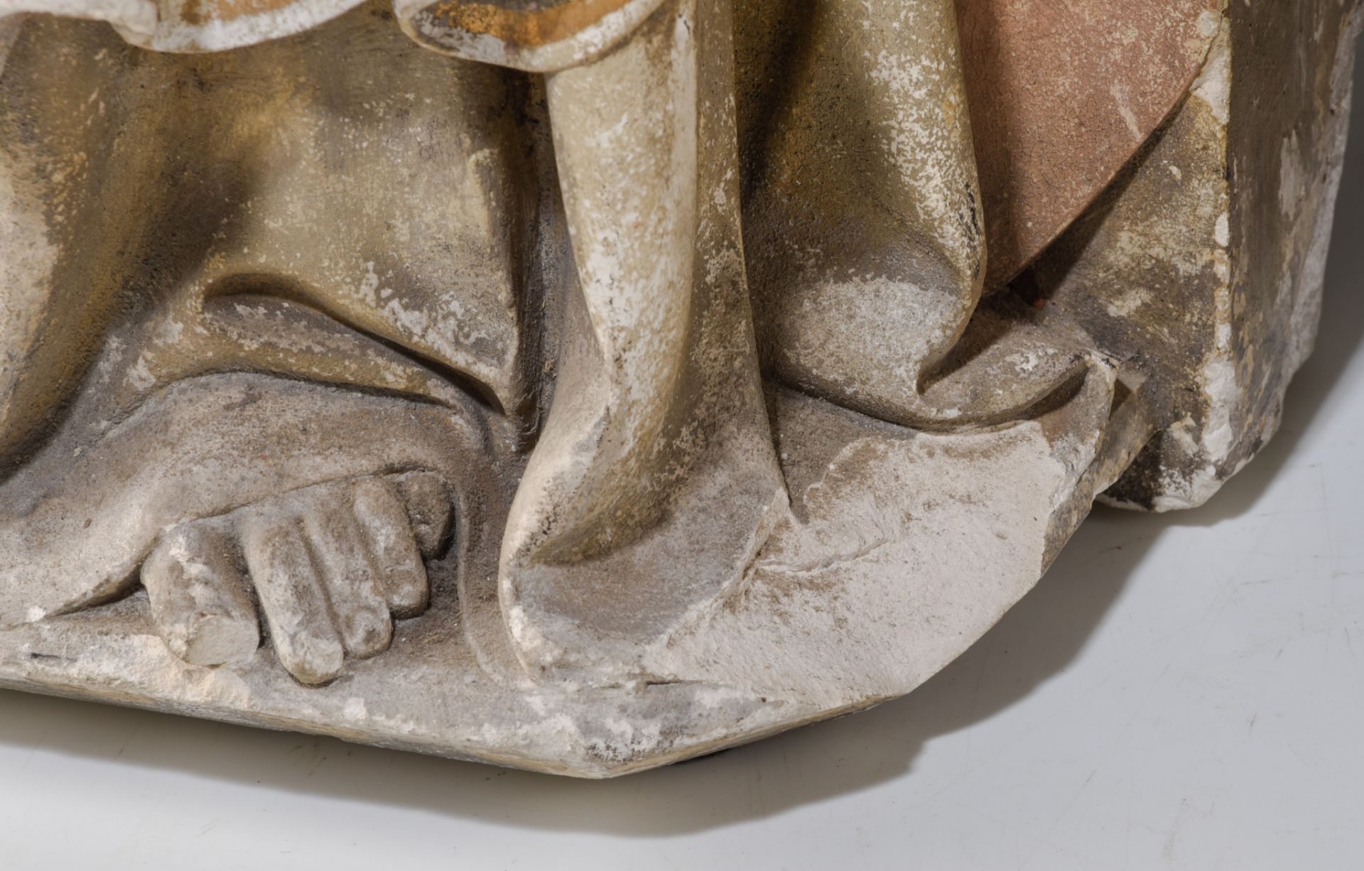 A pair of patinated reconstituted stone sculptures of seated Evangelist, in the style of the 15thC, - Image 10 of 12