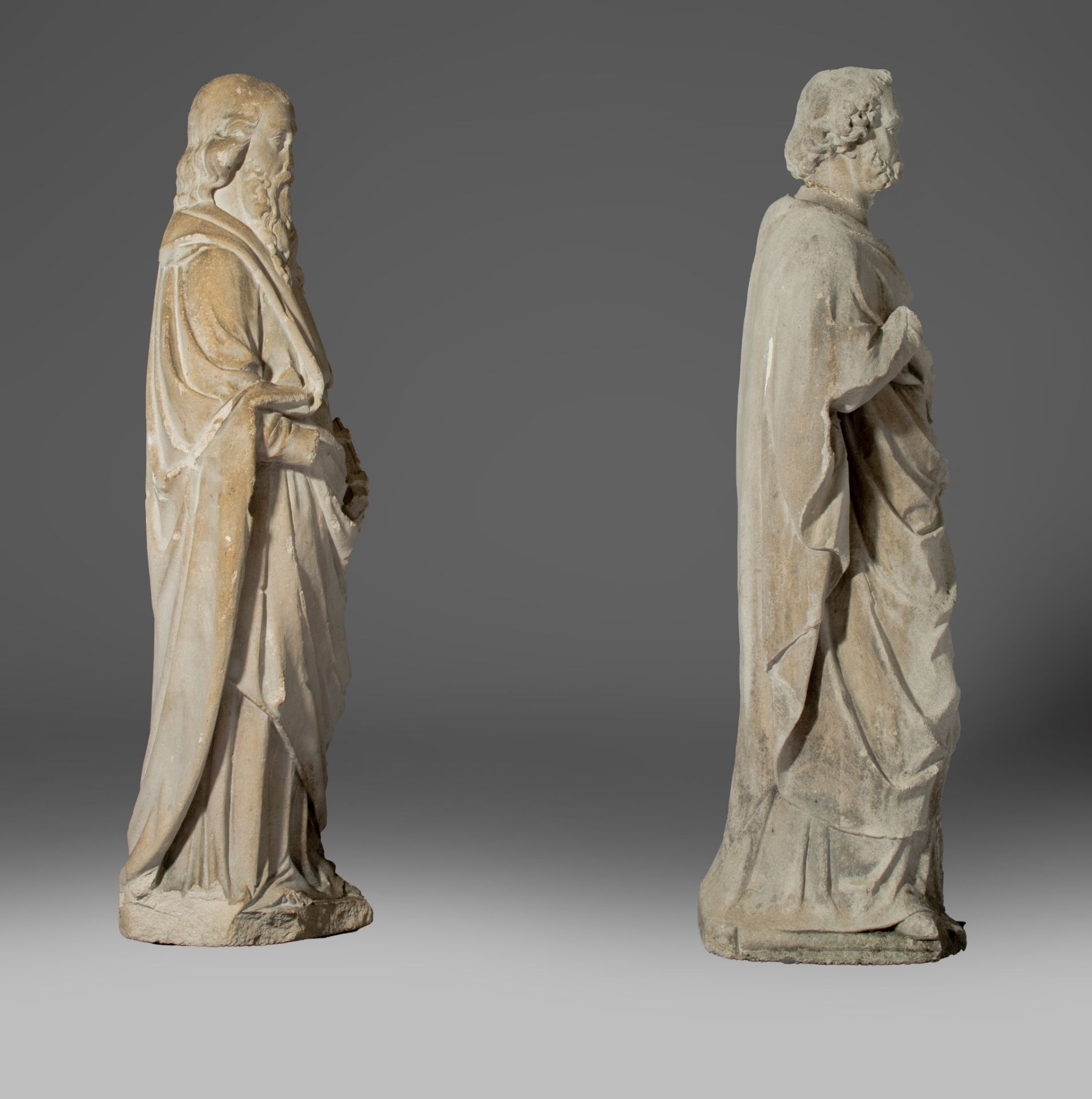 Two matching reconstituted stone sculptures of standing evangelists, H 83 - 85 cm - Image 6 of 11