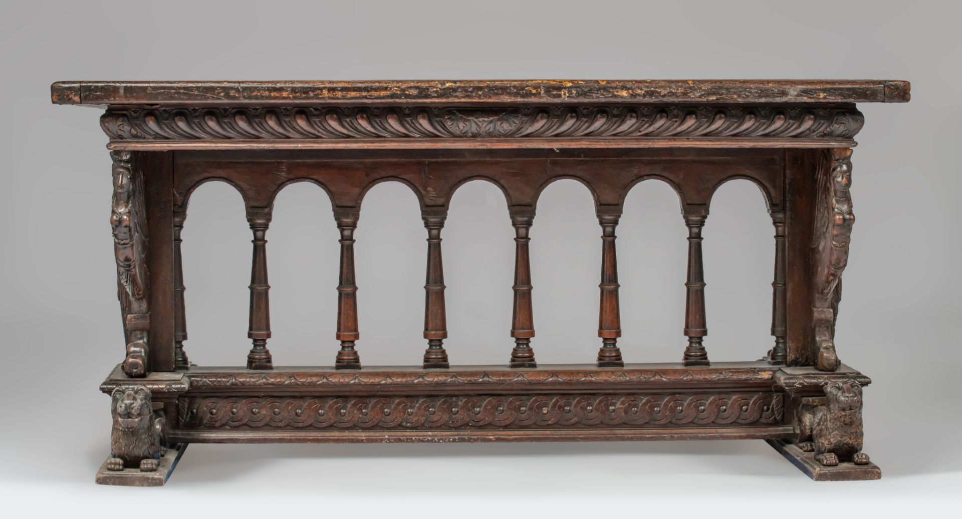 An exceptional Italian Renaissance carved walnut centre table, 16th/17thC, H 82 - W 165 - D 86,5 cm - Image 3 of 12