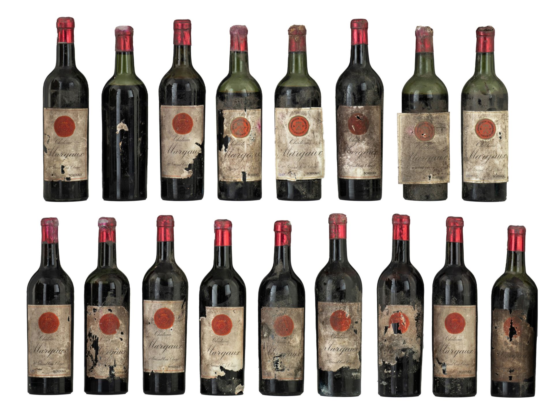 A collection of 17 bottles Ch‚teau Margaux, 1er Grand Cr˚ Classe, Bordeaux, 1947, bottled by J. Vand