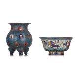 A rare collection of Chinese Ming style cloisonne ware, one with a Fang Ming mark, 19thC, tallest H