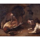 A Cat and a dog fighting over a dead duck, late 17thC, oil on canvas, 45 x 54 cm