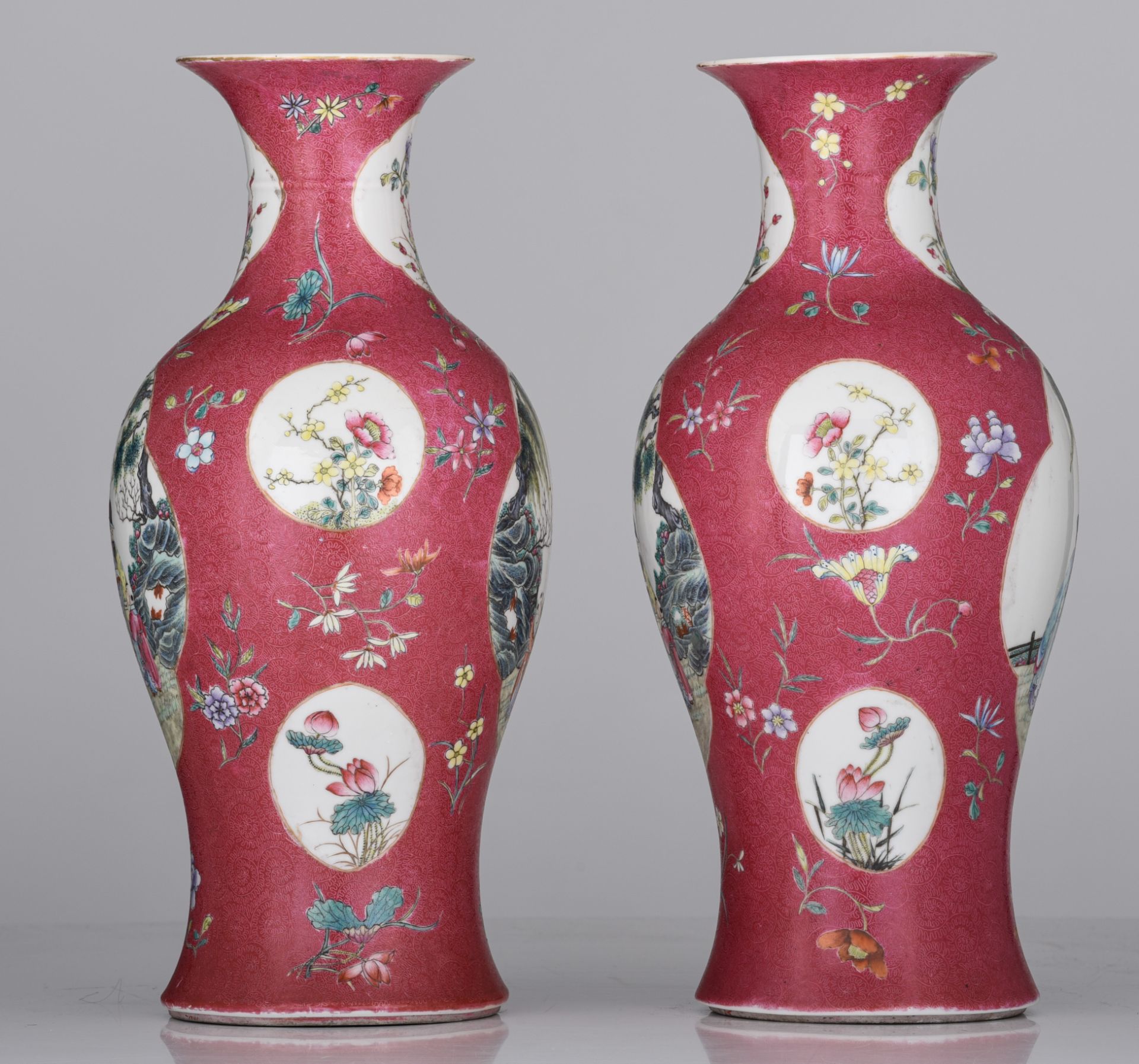 Two Chinese Republic period ruby ground sgraffito baluster vases, with a Qianlong mark, 20thC, H 44, - Image 3 of 9