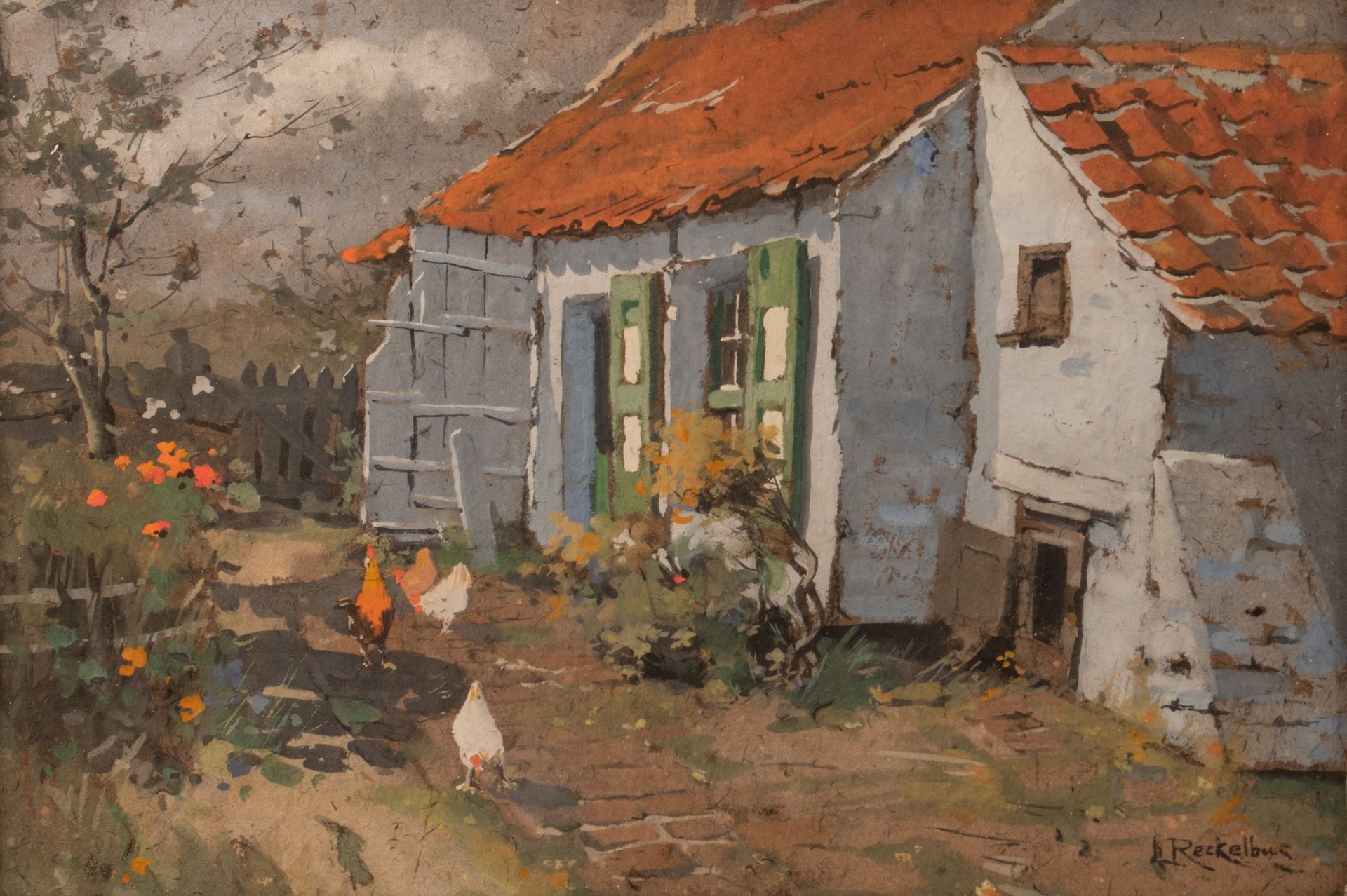 (BIDDING ONLY ON CARLOBONTE.BE) Louis Reckelbus (1864-1958), the henhouse, gouache on paper, 37 x 54