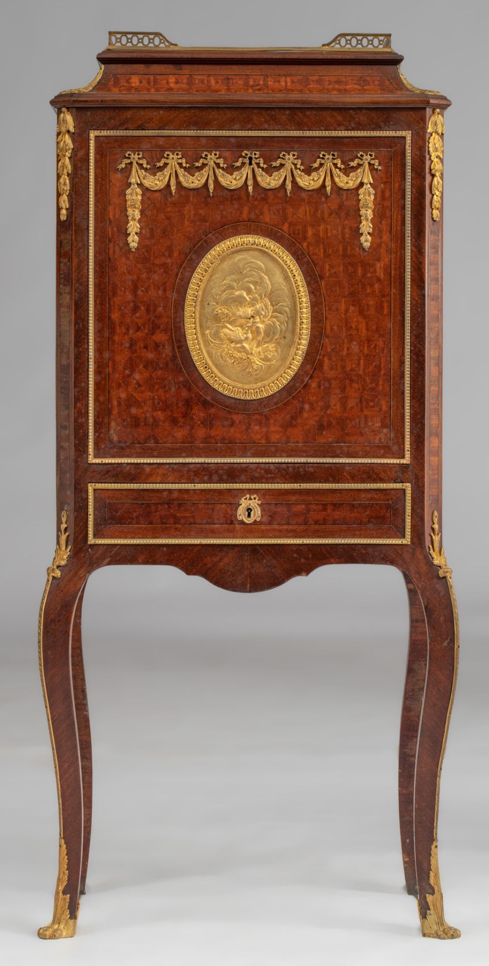 A Neoclassical Napoleon III fall front desk, decorated with parquetry and gilt bronze mounts, H 136 - Image 3 of 7
