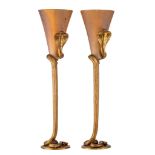 A pair of Art Deco type 'Cobra - La Tentation' gilt bronze and glass lamps, after the design of Edga