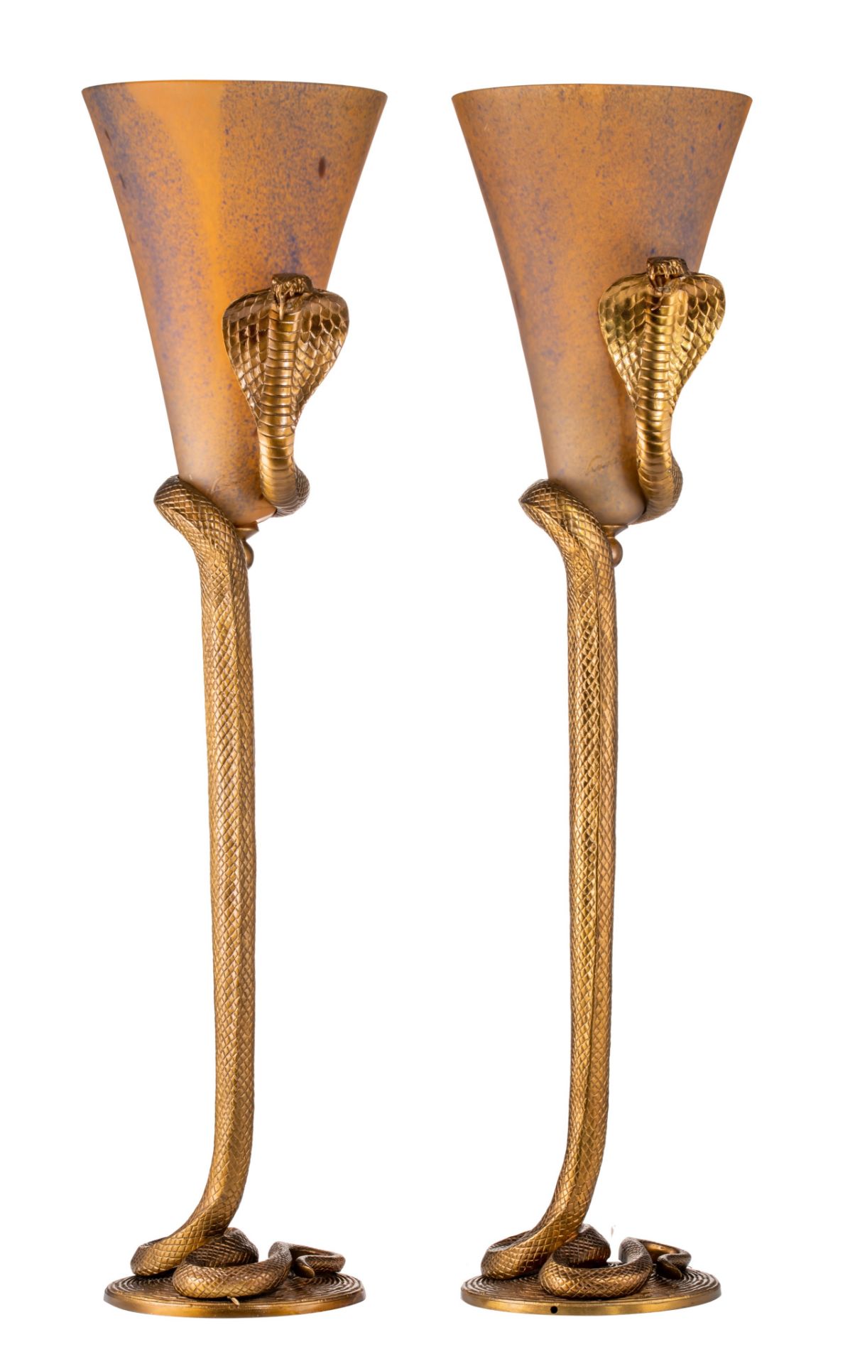 A pair of Art Deco type 'Cobra - La Tentation' gilt bronze and glass lamps, after the design of Edga