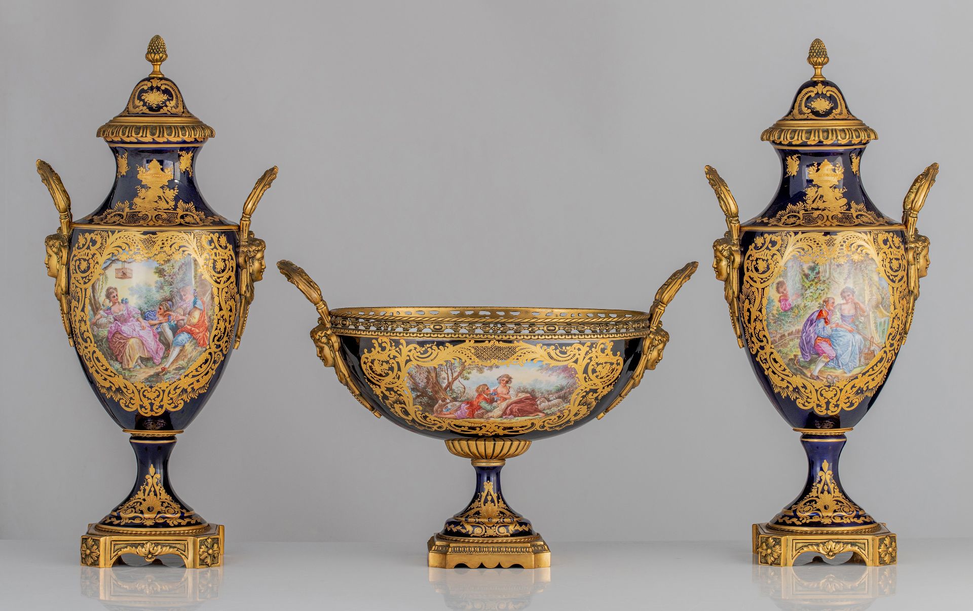 A three-piece SËvres type garniture set, with hand-painted roundels, H 34 - 59 cm - Image 2 of 13