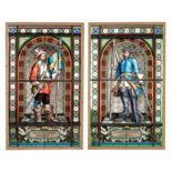 A pair of leaded windows depicting two historical battles in Swedish history, H 205 - W 120 cm