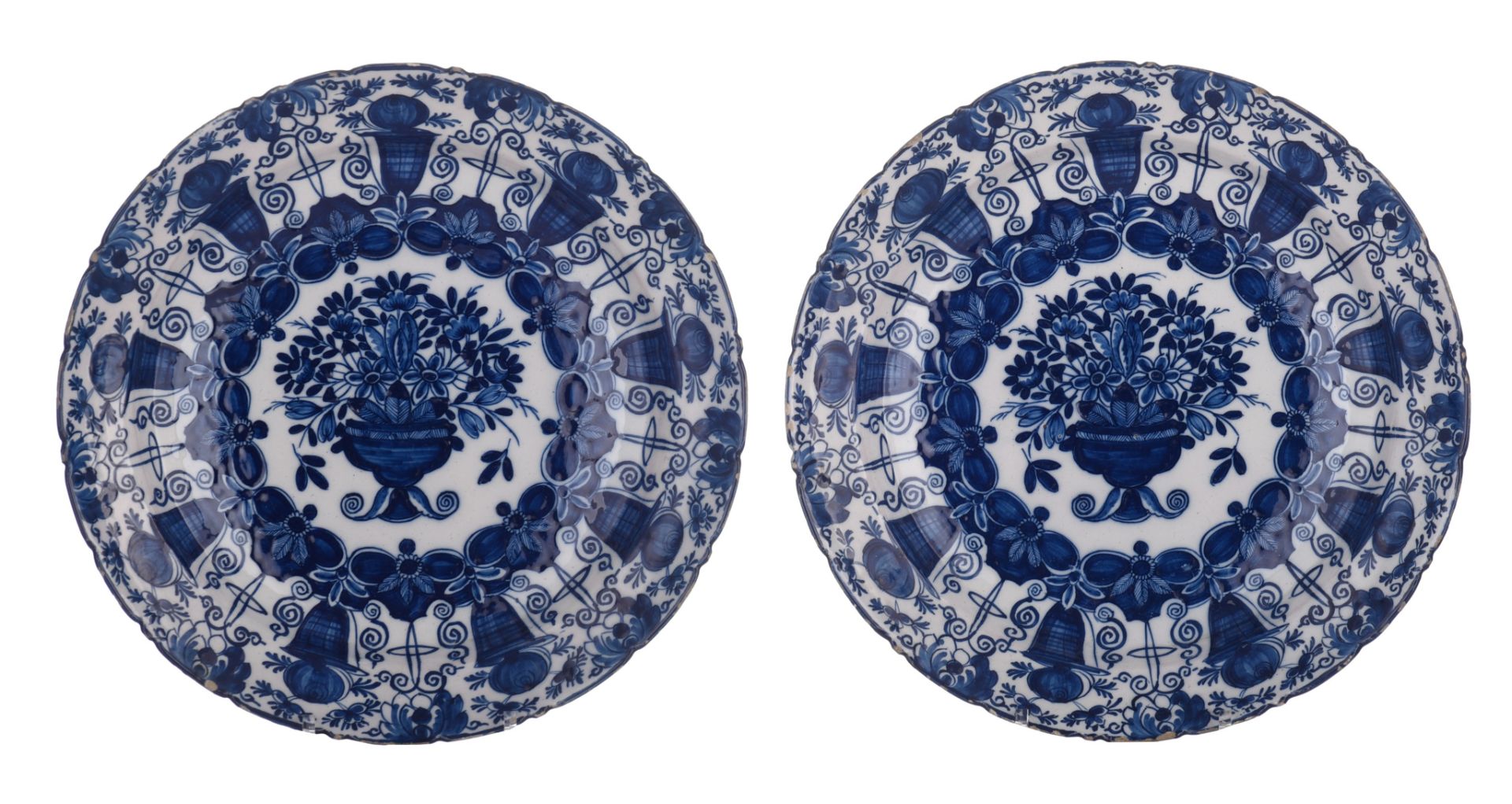 A collection of six Delft blue and white flower basket chargers, marked 'De Klauw', 18thC, ¯ 35 cm - Image 6 of 10