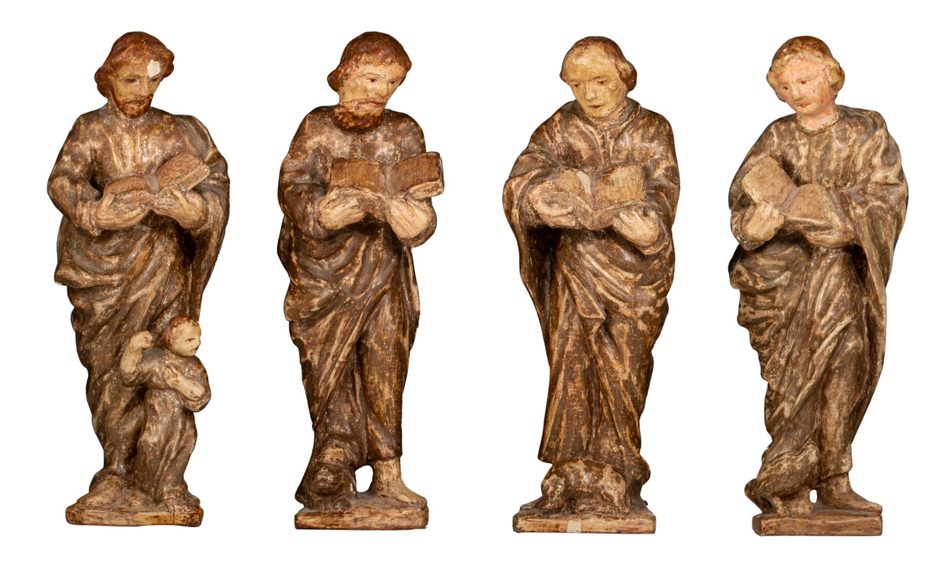 A set of the four polychrome painted wooden Evangelists, 18thC, probably Germany, H 35 cm