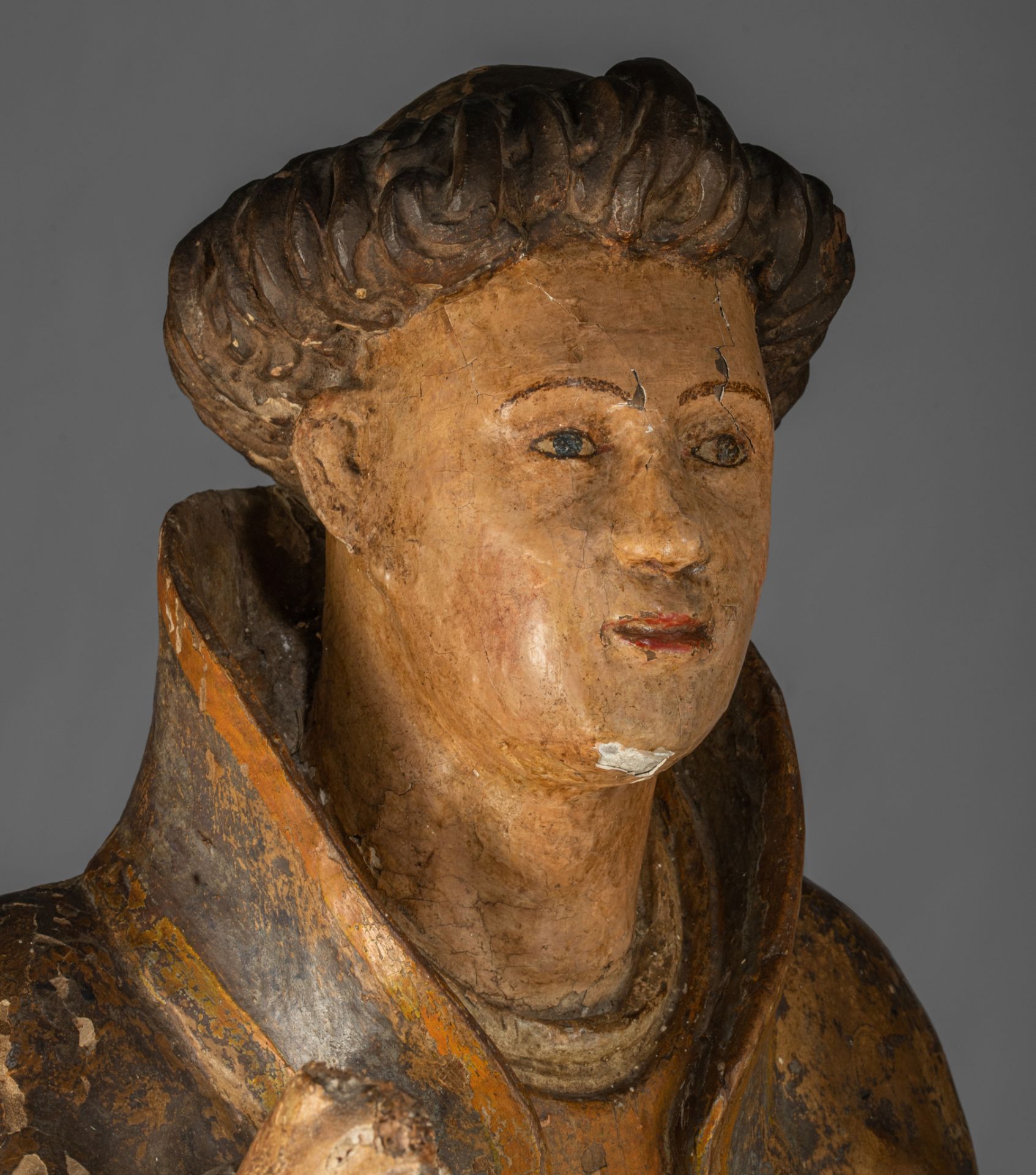 A polychrome painted limewood sculpture of a saint, 18thC, H 120 cm - Image 8 of 11