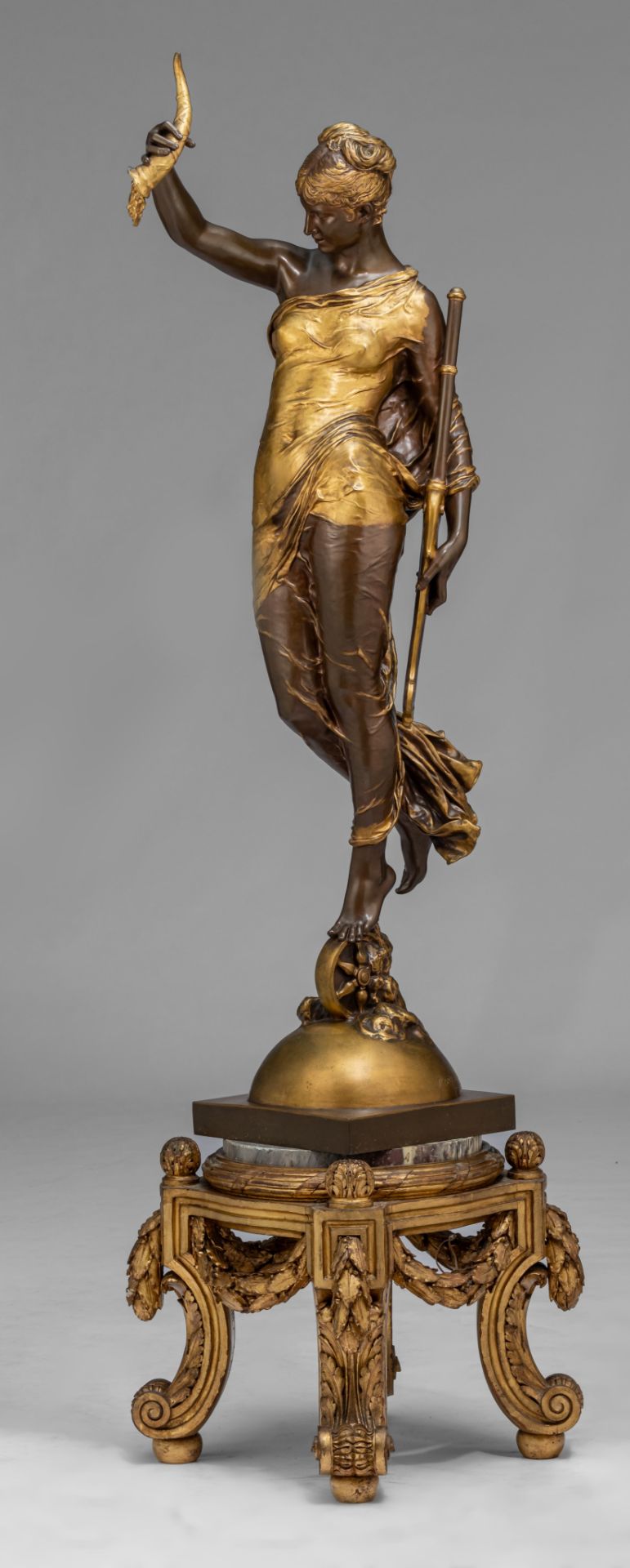 Paul Moreau-Vauthier (1871-1936), 'Fortuna', 1878, gilt and patinated bronze on a matching pedestal, - Image 4 of 14