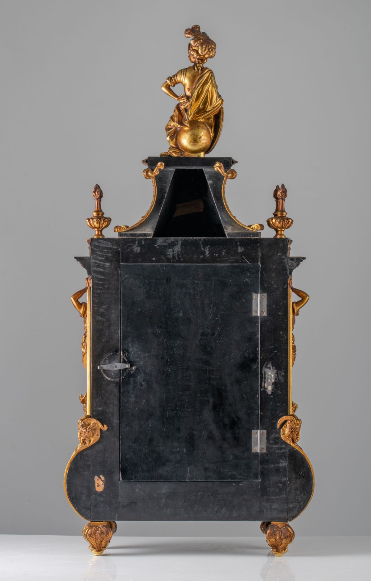 A Napoleon III ebonised wooden 'Pendule Religieuse', with gilt bronze mounts, H 96 cm - Image 4 of 11