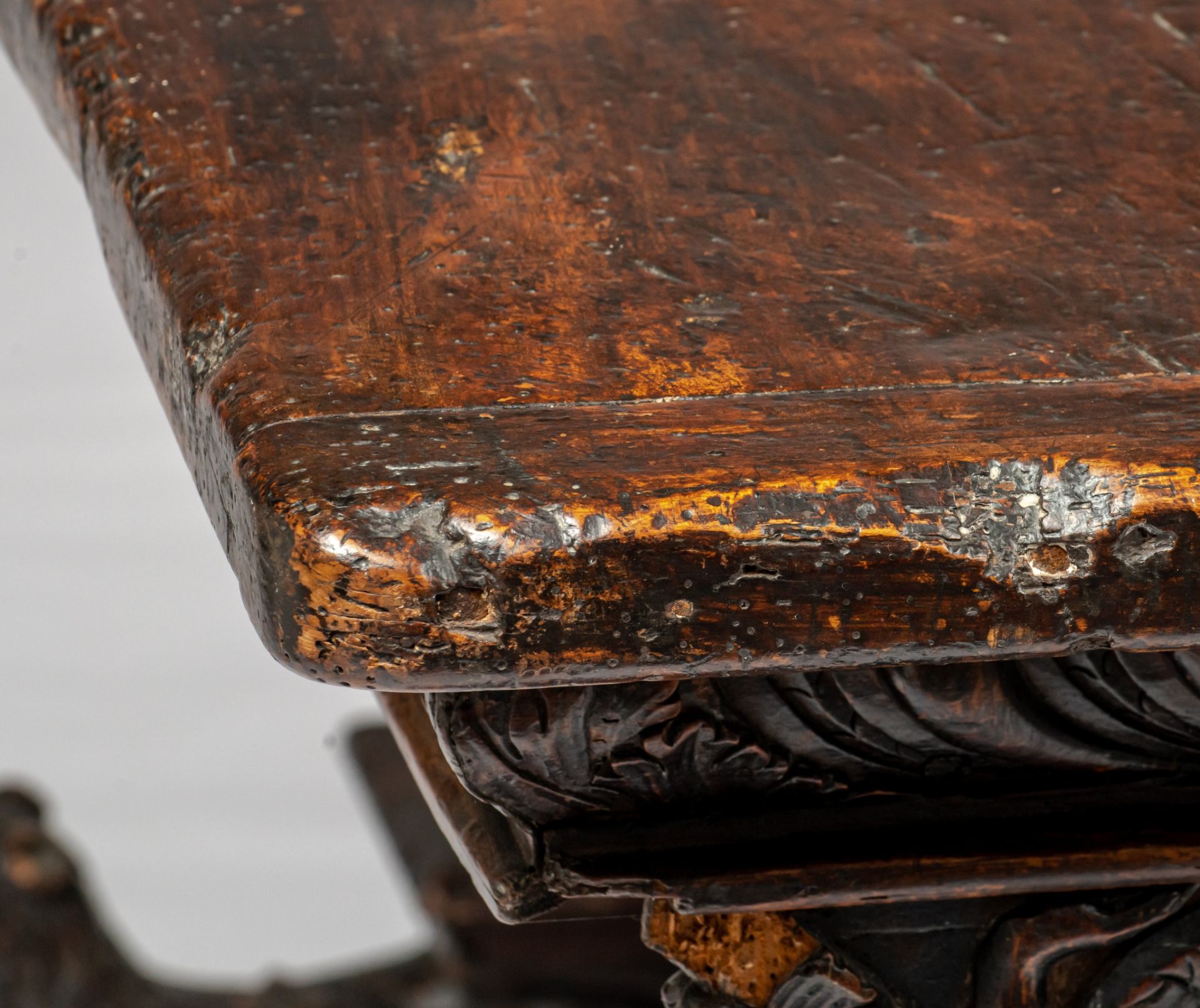 An exceptional Italian Renaissance carved walnut centre table, 16th/17thC, H 82 - W 165 - D 86,5 cm - Image 12 of 12
