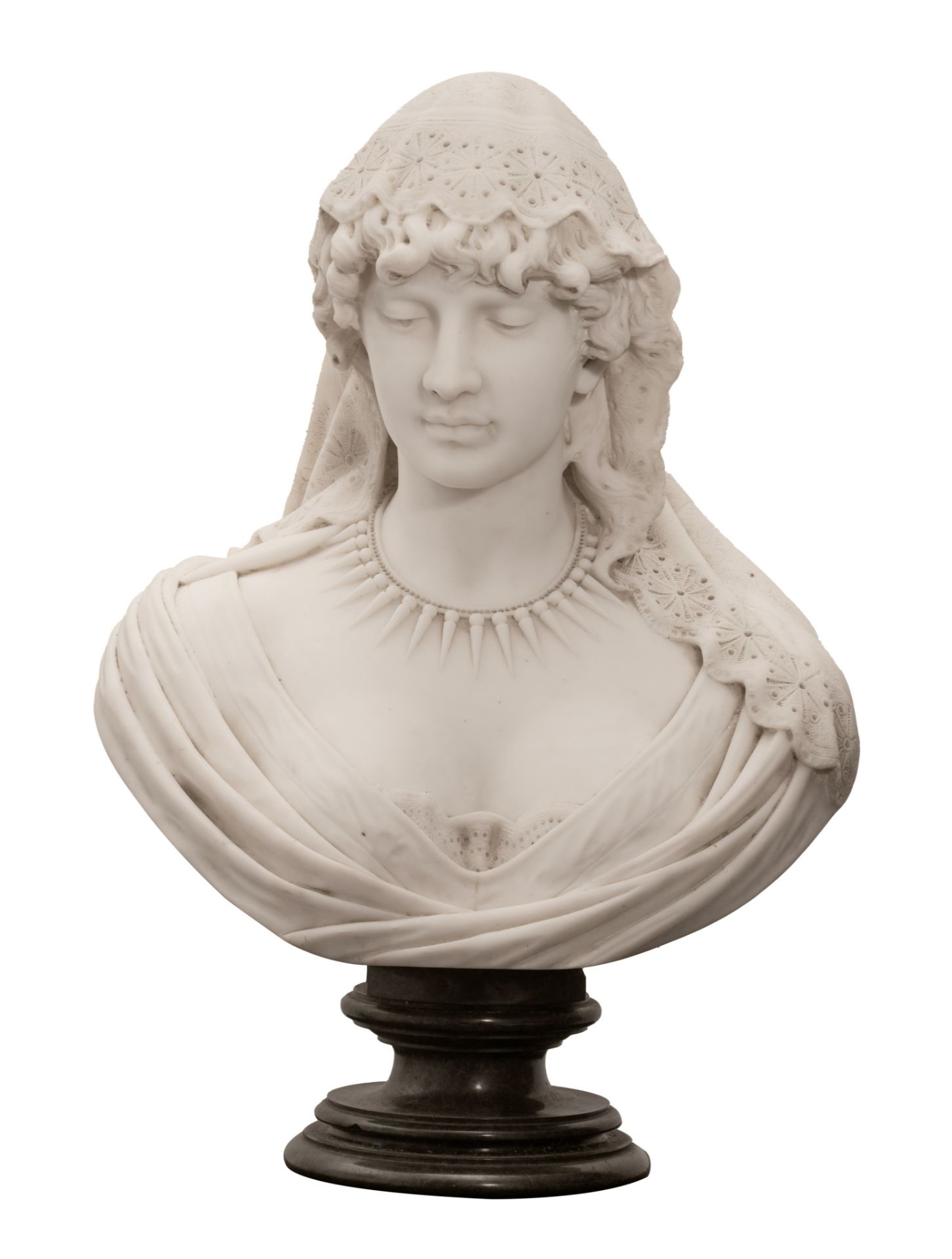 Cesare Lapini (1848 - ca. 1910), 'La belle Italienne', a Carrara marble bust, Firenze, 1888, H 73 cm - Image 3 of 7