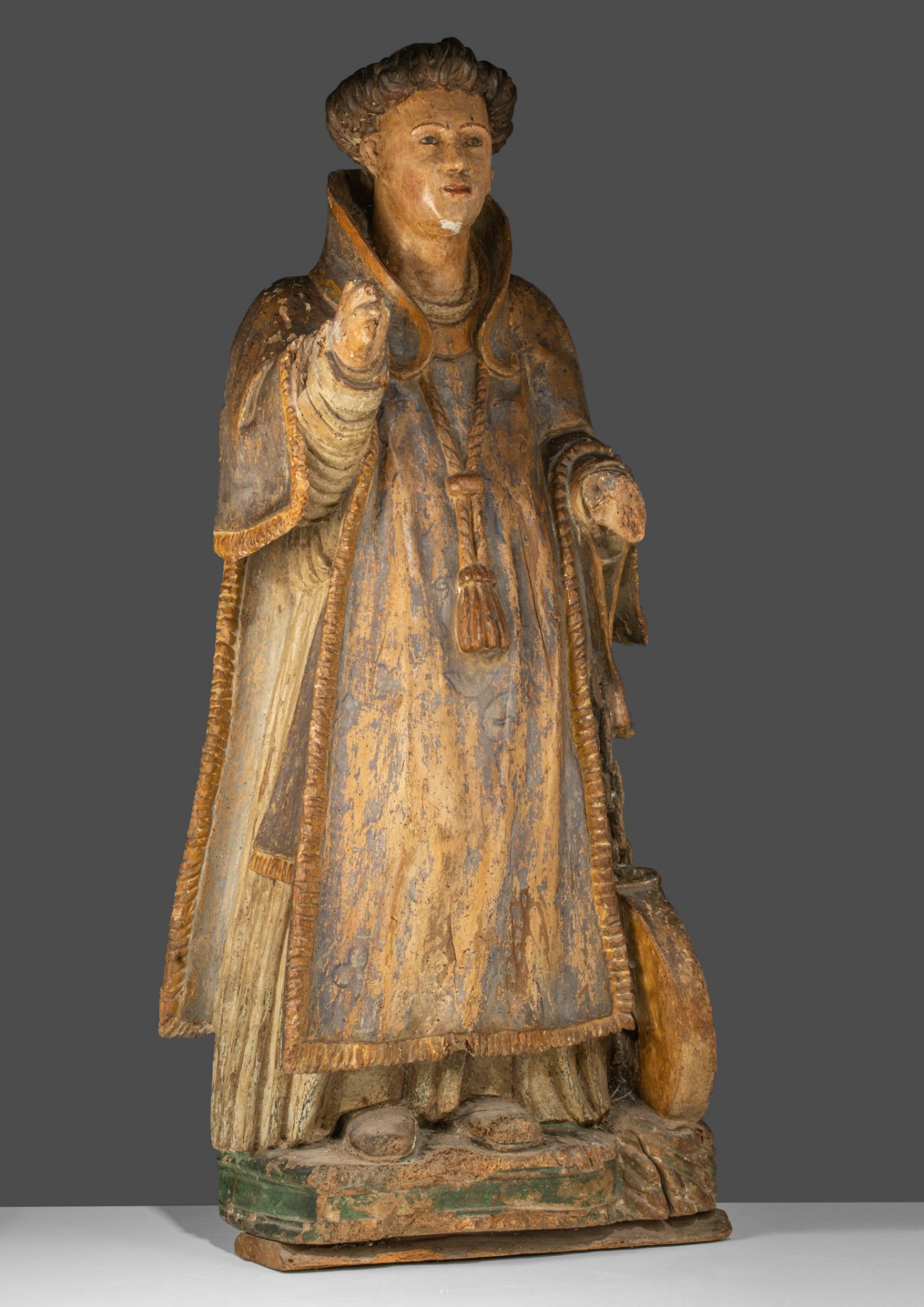 A polychrome painted limewood sculpture of a saint, 18thC, H 120 cm - Image 3 of 11