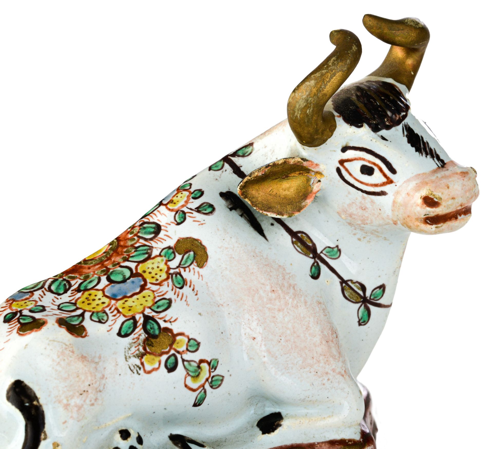 A pair of and a ditto Dutch Delft polychrome figure of a recumbent cow, 18thC, H 8-9 cm - Image 13 of 15